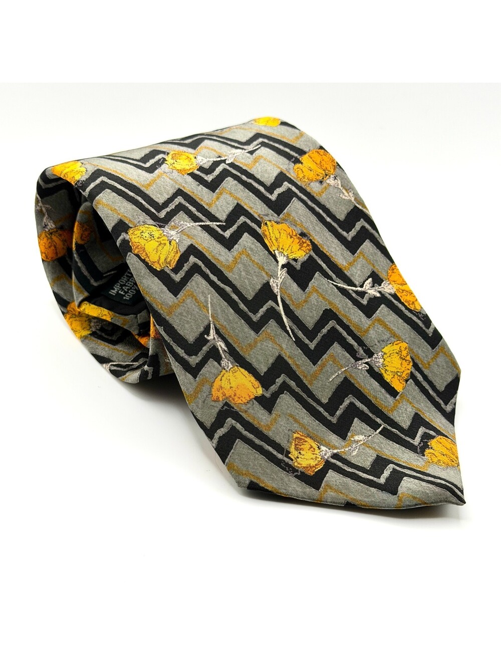 Vintage 90s Geoffrey Beene Grey Silk Orange Floral Necktie